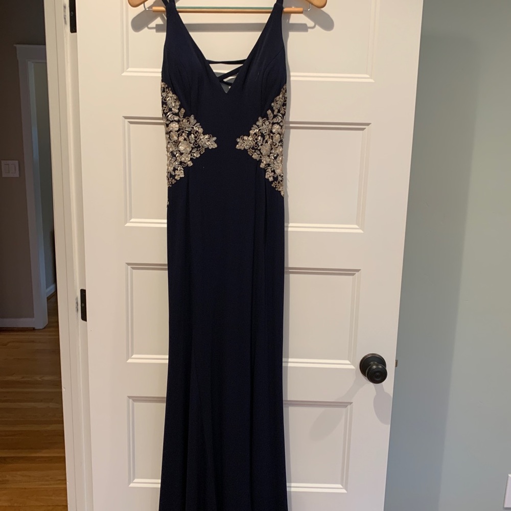 Elegant Long Navy Blue Prom Dress with sliver and gold embroidery.